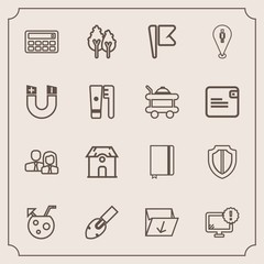 Modern, simple vector icon set with building, computer, environment, juice, flag, team, nature, protect, box, waste, home, garbage, shield, drink, desktop, rubbish, business, equipment, staff icons