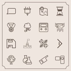 Modern, simple vector icon set with power, people, finger, map, world, architecture, location, medieval, tripod, diskette, plug, right, satellite, video, tool, sand, clock, movie, pin, equipment icons