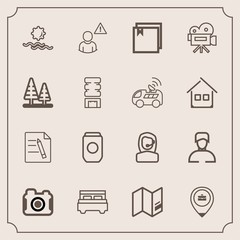 Modern, simple vector icon set with bedroom, sunrise, double, morning, movie, interior, nature, work, can, online, photo, alarm, business, photography, file, tripod, man, office, paper, aluminum icons