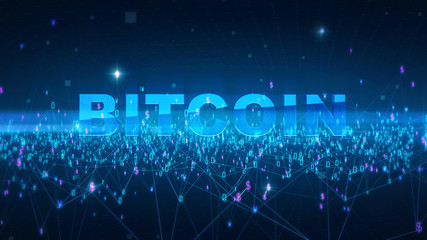 bitcoin Fintech technology and Blockchain network concept , Distributed ledger technology, Distributed connection atom with binary digits and currency symbols and text blue background 3d rendering
