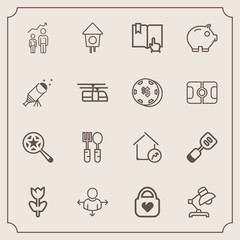 Modern, simple vector icon set with home, style, property, floral, dinner, wooden, fork, blossom, magnifying, birdhouse, place, table, house, spoon, personal, direction, success, travel, find icons