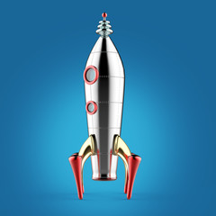 vintage colorful rocket spaceship with riveted body and two windows symbol of successful business start up render isolated retro technology style