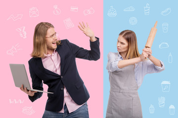 Oh no. Angry young housewife holding a wooden rolling pin and threatening her husband while getting...