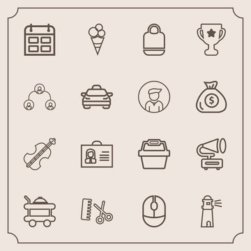 Modern, simple vector icon set with cream, gramophone, hairdresser, service, music, profile, salon, internet, room, water, musical, person, leather, hotel, bed, retro, food, schedule, day, store icons