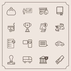 Modern, simple vector icon set with bus, finance, camera, box, dump, meeting, style, message, bag, money, movie, tripod, transportation, dumper, presentation, object, saw, business, truck, speed icons