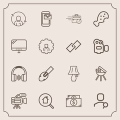 Modern, simple vector icon set with barbecue, online, bulb, microphone, real, construction, search, switch, web, money, lens, cash, bbq, equipment, sitting, home, person, late, video, lamp, meat icons