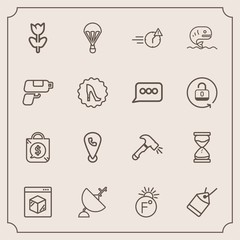 Modern, simple vector icon set with shipping, man, equipment, extreme, bag, sale, temperature, late, office, parachute, floral, time, phone, technology, jump, spring, blossom, paper, internet icons