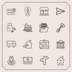 Fototapeta premium Modern, simple vector icon set with transportation, internet, concept, direction, bank, building, sos, home, cash, tourism, balance, credit, arrow, sky, greece, creative, white, speed, house icons