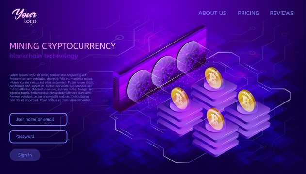 Blockchain system or technology. Mining process. Bitcoin cryptocurrency server farm. Isometric vector illustration in ultraviolet colors.