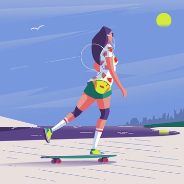 Girl riding her longboard on the beach illustration