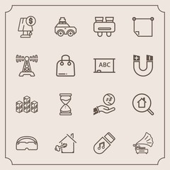 Modern, simple vector icon set with bag, dollar, money, car, travel, lamp, watch, sand, light, note, hour, message, investment, search, luggage, estate, finance, clock, property, online, key icons