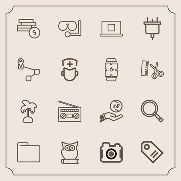 Modern, simple vector icon set with glass, radio, money, sea, search, leaf, investment, music, technology, camera, plug, tag, equipment, file, owl, record, web, price, animal, palm, tropical icons