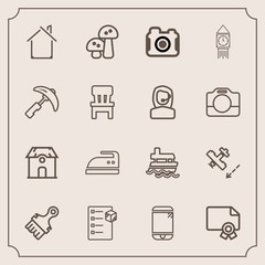 Modern, simple vector icon set with estate, checklist, award, housework, delivery, food, sea, ocean, brush, certificate, cargo, vessel, ironing, flight, frame, iron, aircraft, photo, building icons