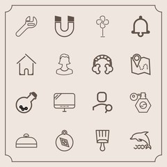 Modern, simple vector icon set with science, pc, search, north, bottle, wrench, animal, field, perfume, magnetic, repair, equipment, tool, trip, account, technology, travel, direction, spanner icons