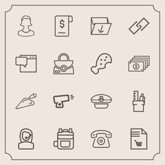 Modern, simple vector icon set with gun, shovel, hat, work, home, equipment, navy, web, trash, rucksack, telephone, sailor, modern, military, sign, bag, leather, human, cap, business, shopping icons