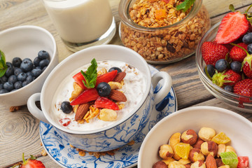 Bowl of homemade granola with yogurt and fresh berries on wooden background