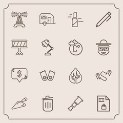 Fototapeta premium Modern, simple vector icon set with frame, technology, transport, nature, night, point, shopping, astronomy, landscape, telescope, space, list, map, music, summer, traffic, construction, market icons