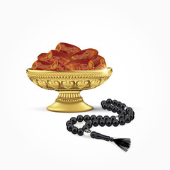 Classic arabic bowl of dates with islamic rosary beads isolated on white background. ramadan fasting simbol