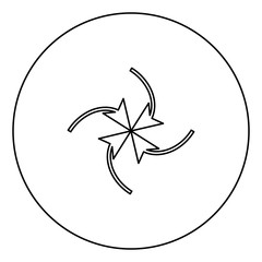 Four arrows in loop in  center black icon outline  in circle image