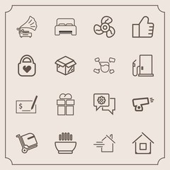 Modern, simple vector icon set with check, baggage, bed, pen, estate, furniture, hot, pay, war, bedroom, soup, vintage, travel, house, chat, gramophone, music, double, sign, gift, record, gun icons