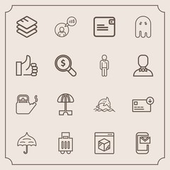 Modern, simple vector icon set with protection, baggage, online, dollar, luggage, internet, water, mail, dolphin, purse, finance, animal, scary, steam, business, sack, airport, white, email, hot icons