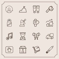 Modern, simple vector icon set with refresh, quality, estate, mountain, tool, pencil, nature, landscape, travel, technology, note, music, bag, headset, view, timer, construction, luggage, white icons