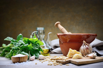 Genoese pesto. Basil pesto with pine nuts, garlic, parmesan cheese and extra virgin olive oil