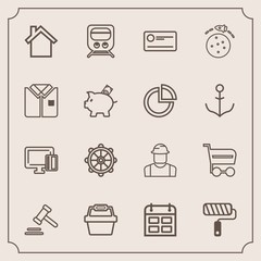 Modern, simple vector icon set with transportation, telephone, person, trolley, business, justice, schedule, shopping, train, market, payment, roller, calendar, builder, nautical, credit, cart icons