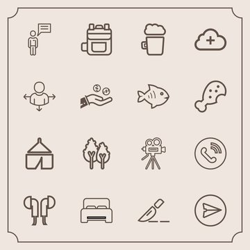 Modern, simple vector icon set with environment, camp, medical, sound, phone, internet, retro, operation, landscape, nature, technology, movie, furniture, audio, backpack, rucksack, leather, bed icons
