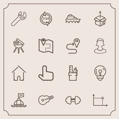 Modern, simple vector icon set with house, office, support, operator, electricity, buoy, light, package, call, repair, service, click, music, transport, workout, home, life, work, sign, gym, sea icons