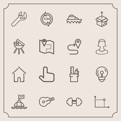 Fototapeta premium Modern, simple vector icon set with house, office, support, operator, electricity, buoy, light, package, call, repair, service, click, music, transport, workout, home, life, work, sign, gym, sea icons