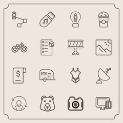 Modern, simple vector icon set with dish, fashion, satellite, credit, bikini, van, photography, communication, business, technology, idea, shopping, camera, creative, swimsuit, sale, payment icons