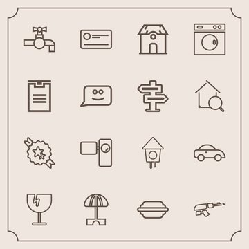 Modern, simple vector icon set with destruction, building, burger, shattered, hamburger, decorative, tripod, house, birdhouse, architecture, umbrella, vehicle, parasol, sun, tap, crash, window icons