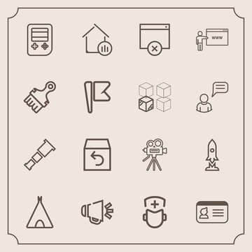 Modern, simple vector icon set with video, telescope, delivery, craft, box, property, spaceship, shipping, technology, name, arrow, voice, order, tent, loudspeaker, tripod, astronomy, camera, id icons