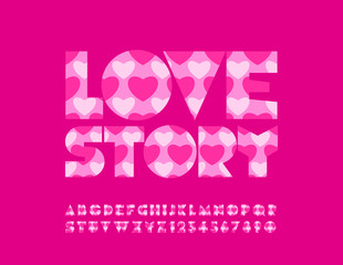 Vector decorative sign Love Story. Heart pattern Font. Pink lovely Alphabet Letters, Numbers and Symbols