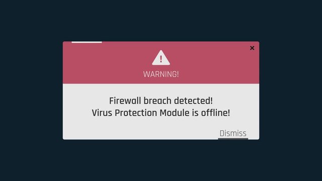 Warning, firewall breach detected, system down alert message on screen. Screen text with warning message