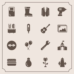 Modern, simple vector icon set with kitchen, footwear, light, music, fashion, nature, style, drill, idea, equipment, medieval, spring, birthday, flower, blossom, decoration, sign, musical, bulb icons
