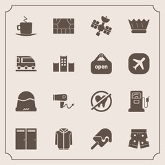Modern, simple vector icon set with healthy, coffee, wear, sign, royal, gas, cream, dessert, drink, shorts, sweet, gasoline, dryer, dental, door, hat, cappuccino, cap, station, white, cafe, hair icons