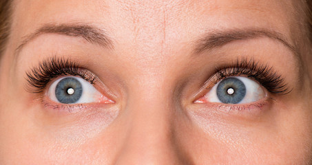 Obraz premium Zbliżenie przerażona twarz pięknej młodej kobiety o pięknych niebieskich oczach i dużych, ładnych rzęsach i brwiach. Makro ludzkich oczu - zdziwienie lub szok, odwrócenie wzroku.