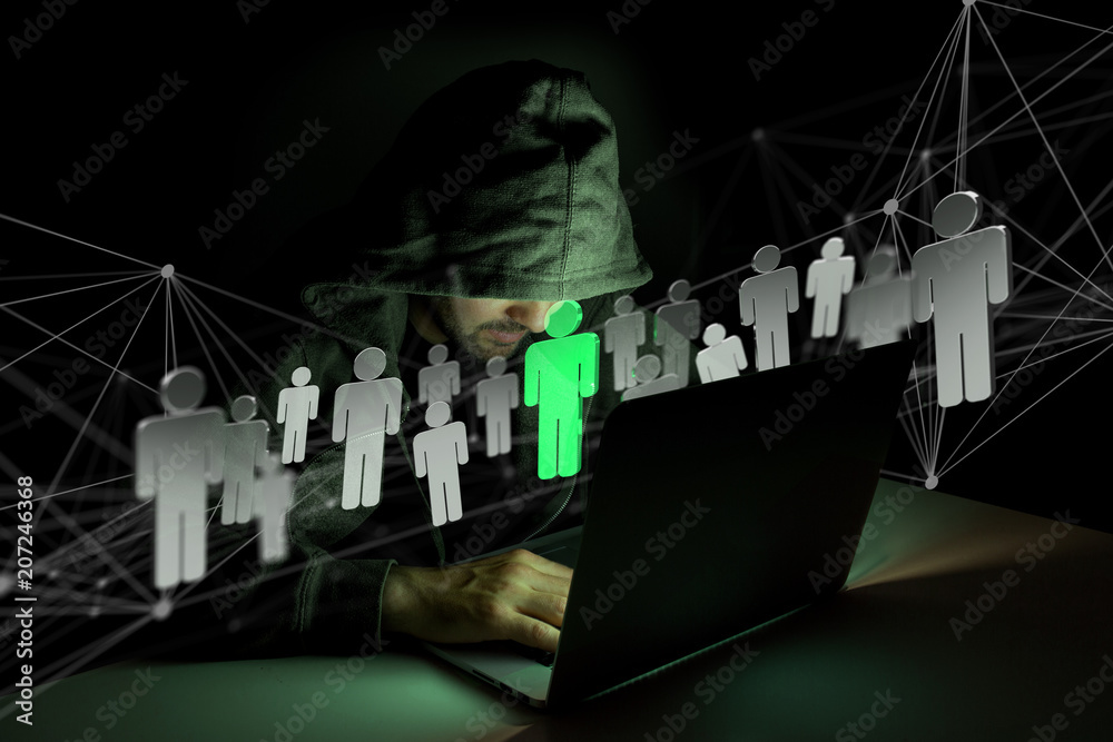 Poster hacker man in the dark using computer to hack data and information system