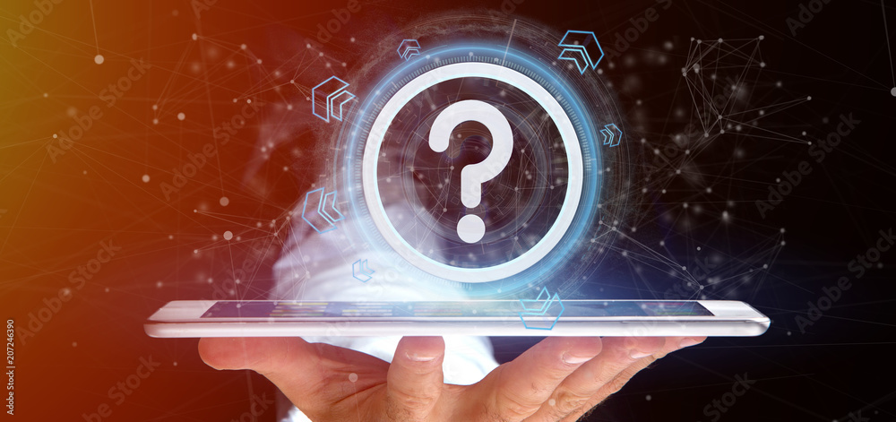 Poster man holding a technology question mark icon on a circle 3d rendering