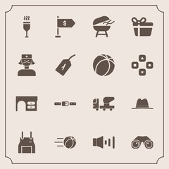 Modern, simple vector icon set with grill, gift, finance, cooking, red, location, ball, desk, hat, volume, equipment, concrete, nurse, barbecue, cook, football, meat, cement, uniform, business icons