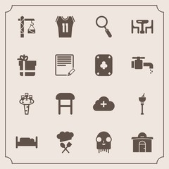 Modern, simple vector icon set with space, business, chair, alien, interior, ufo, alcohol, zoom, home, hammer, bucket, house, fiction, internet, family, drink, monster, box, bed, dinner, table icons