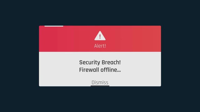 Security breach, firewall offline, red warning message on computer screen. Screen text with warning message