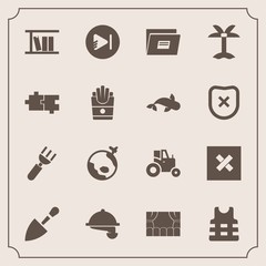 Modern, simple vector icon set with world, agriculture, music, field, document, summer, nature, knife, travel, video, shovel, library, theater, tropical, play, french, life, jacket, airplane icons