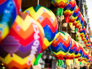 Colorful balloon tourist souvenirs in Cappadocia street markets.