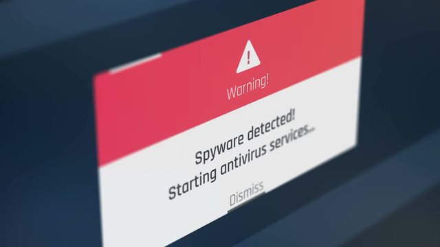 Antivirus warning notification, spyware detected, scanning files, security alert. Hacking attack, malware detected, data encryption