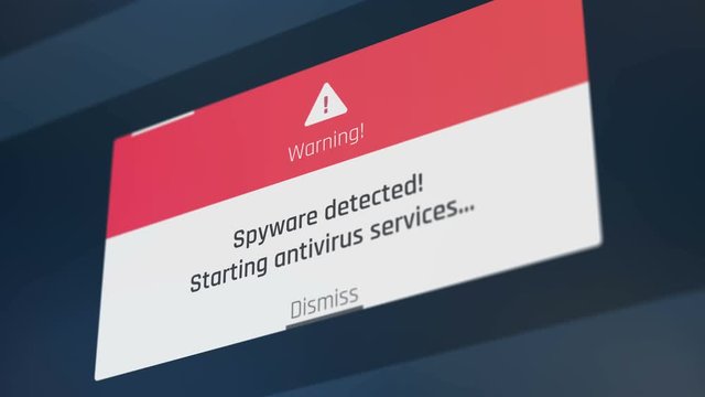 Spyware detected warning message on computer screen, starting antivirus, alert. Hacking attack, malware detected, data encryption