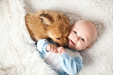 Hund kuschelt mit dem baby