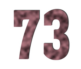 73 Number. Rose gold color. Shiny glass texture. Discount and sales theme. White isolated